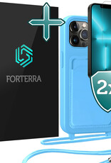 Forterra Forterra iPhone 13 Pro Max Hoesje Pashouder met Koord Met 2x Screenprotector - Lichtblauw