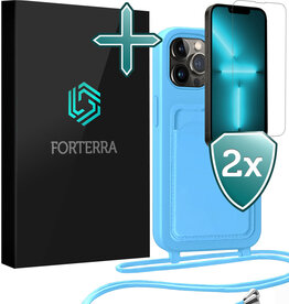 Forterra Forterra iPhone 13 Pro Max Hoesje Pashouder met Koord Met 2x Screenprotector - Lichtblauw
