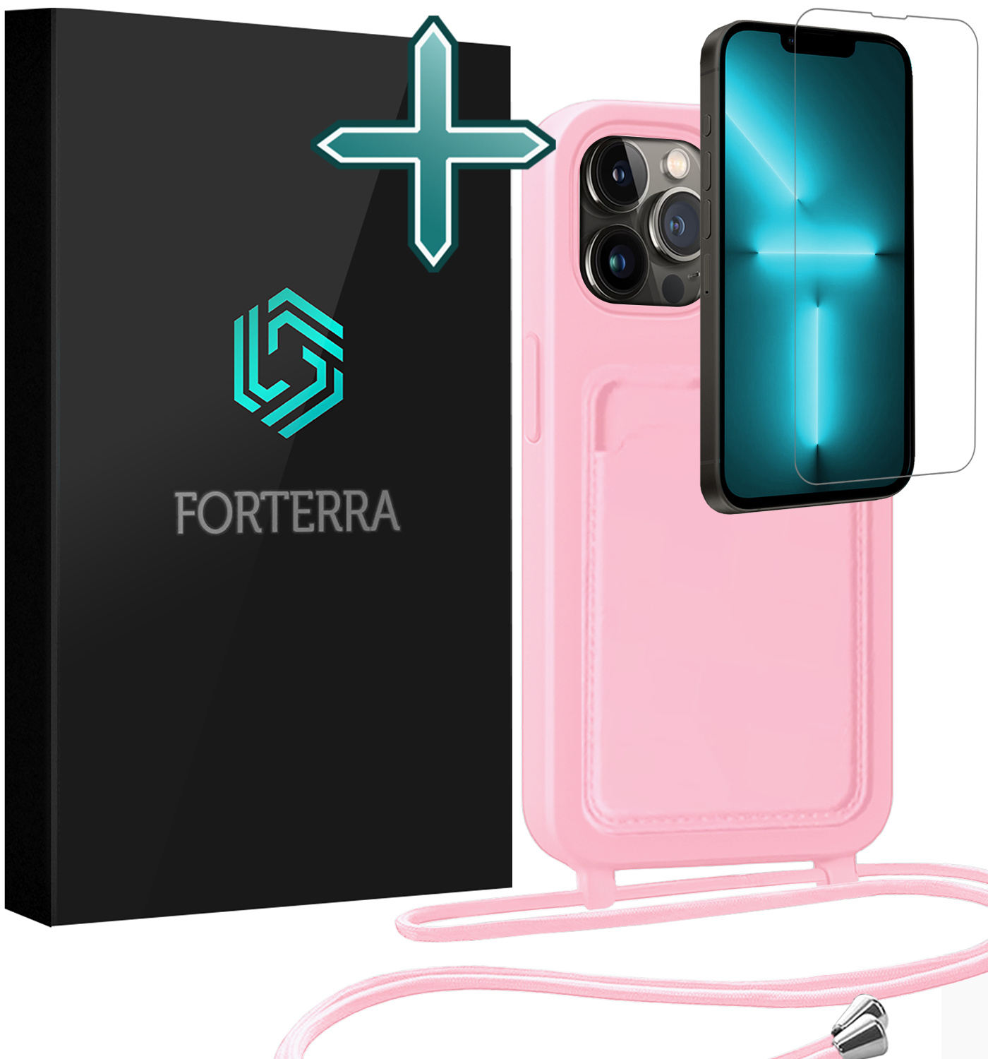 Forterra Forterra iPhone 13 Pro Max Hoesje Pashouder met Koord Met Screenprotector - Lichtroze