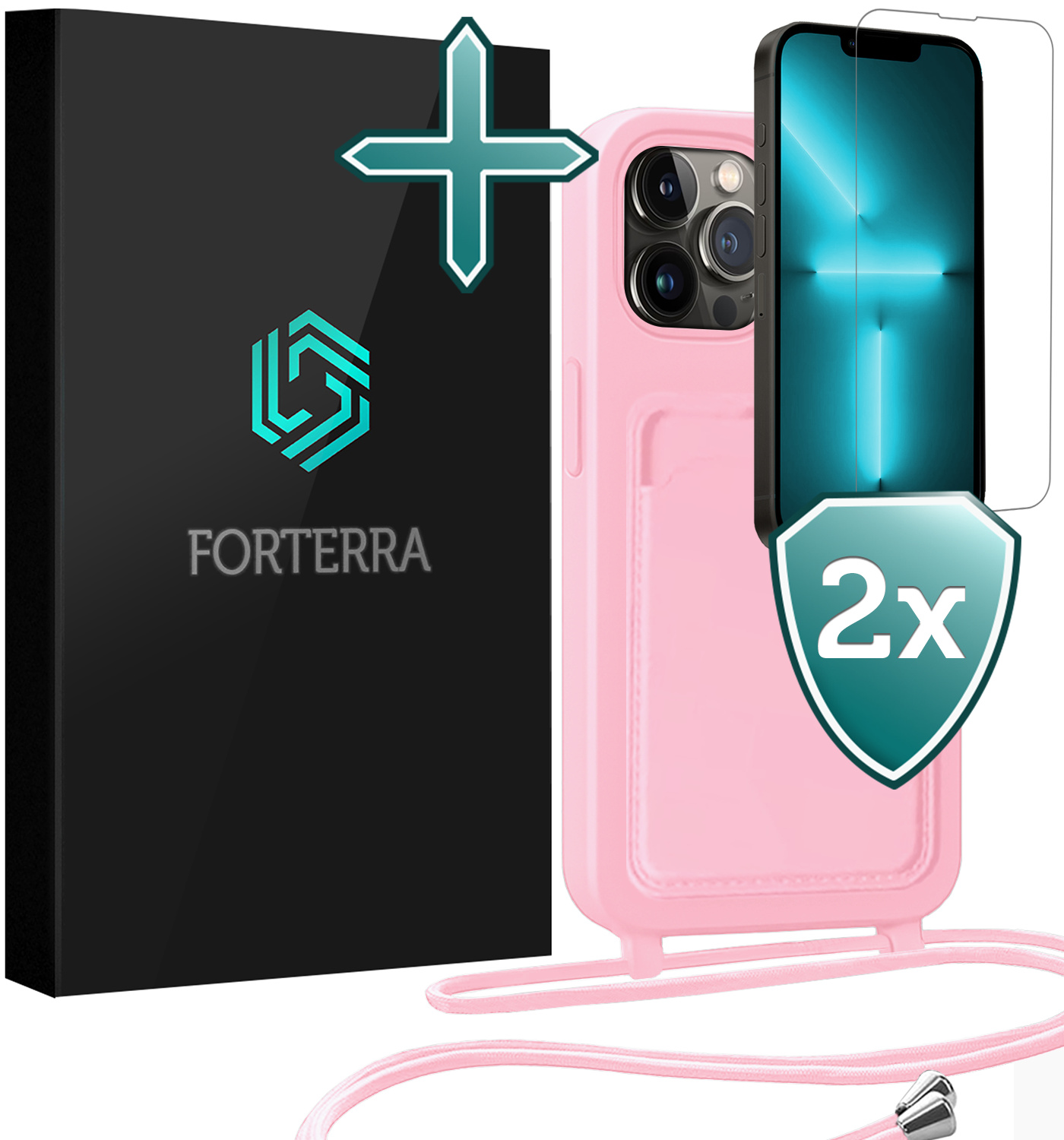 Forterra Forterra iPhone 13 Pro Max Hoesje Pashouder met Koord Met 2x Screenprotector - Lichtroze