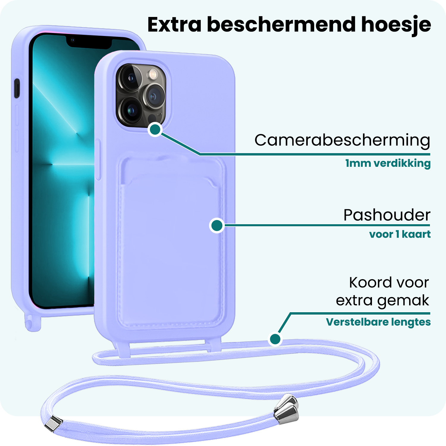 Forterra Forterra iPhone 13 Pro Max Hoesje Pashouder met Koord Met Screenprotector - Lila