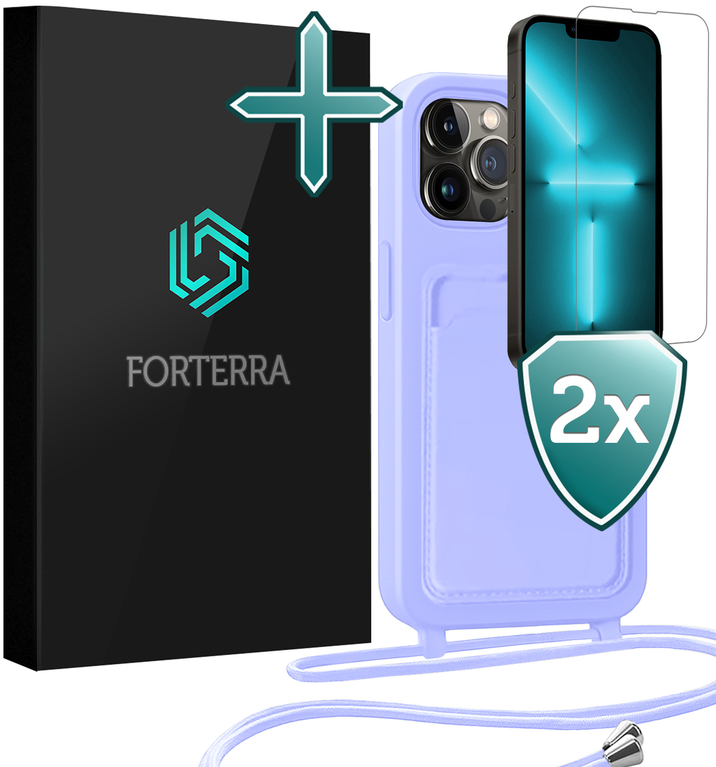 Forterra Forterra iPhone 13 Pro Max Hoesje Pashouder met Koord Met 2x Screenprotector - Lila
