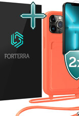 Forterra Forterra iPhone 13 Pro Max Hoesje Pashouder met Koord Met 2x Screenprotector - Papaya