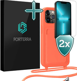 Forterra Forterra iPhone 13 Pro Max Hoesje Pashouder met Koord Met 2x Screenprotector - Papaya