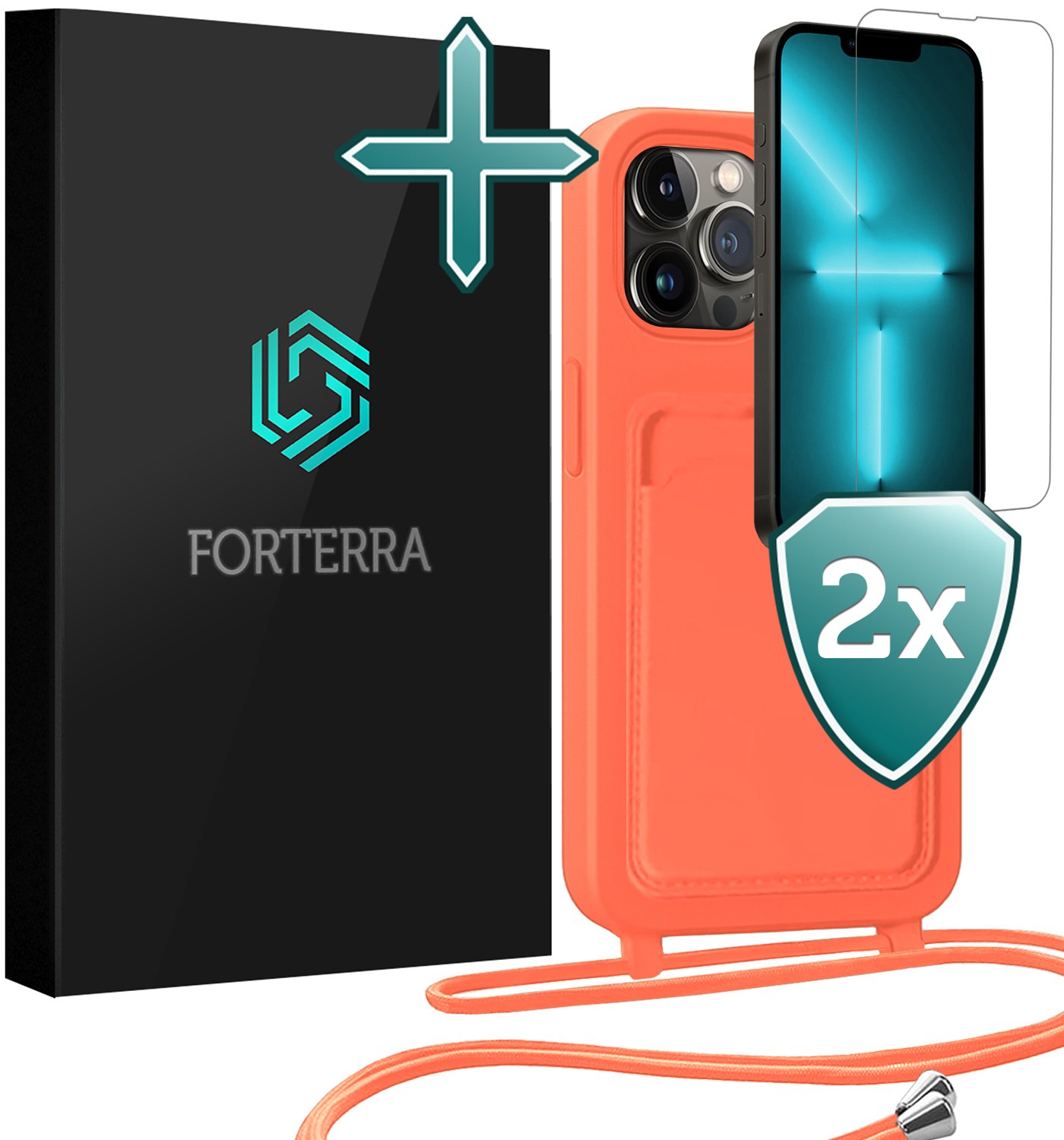 Forterra Forterra iPhone 13 Pro Max Hoesje Pashouder met Koord Met 2x Screenprotector - Papaya
