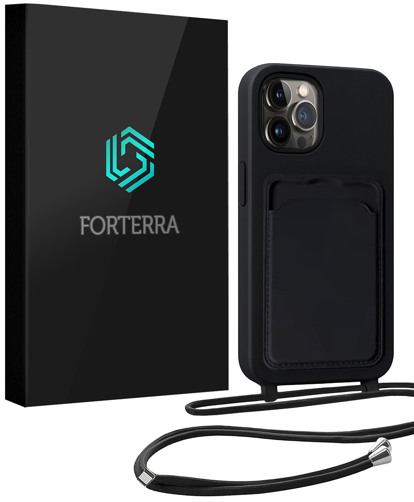 Forterra Forterra iPhone 13 Pro Max Hoesje Pashouder met Koord - Zwart