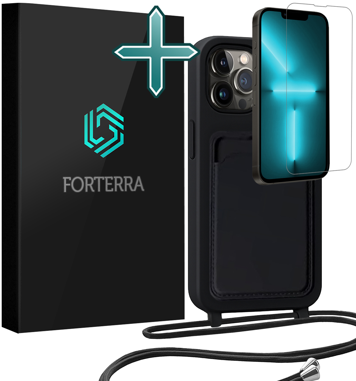 Forterra Forterra iPhone 13 Pro Max Hoesje Pashouder met Koord Met Screenprotector - Zwart