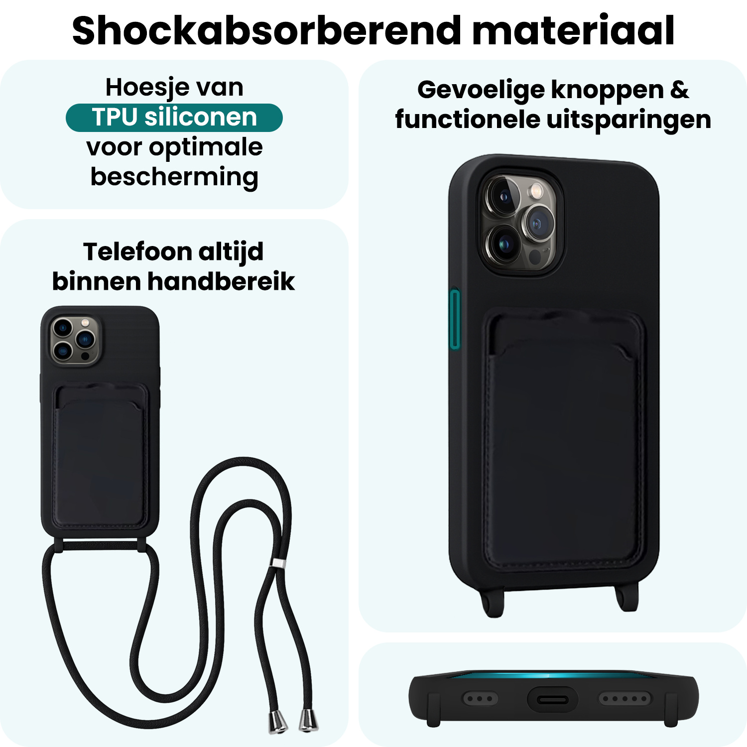 Forterra Forterra iPhone 13 Pro Max Hoesje Pashouder met Koord Met Screenprotector - Zwart