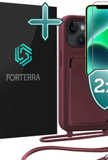 Forterra Forterra iPhone 14 Plus Hoesje Pashouder met Koord Met 2x Screenprotector - Aubergine