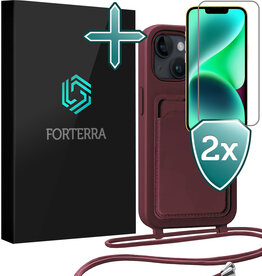 Forterra Forterra iPhone 14 Plus Hoesje Pashouder met Koord Met 2x Screenprotector - Aubergine