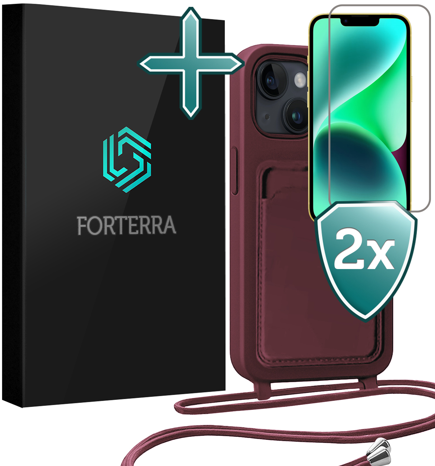 Forterra Forterra iPhone 14 Plus Hoesje Pashouder met Koord Met 2x Screenprotector - Aubergine