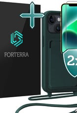 Forterra Forterra iPhone 14 Plus Hoesje Pashouder met Koord Met 2x Screenprotector - Donkergroen