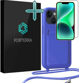 Forterra Forterra iPhone 14 Plus Hoesje Pashouder met Koord Met Screenprotector - Fel Blauw