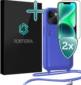 Forterra Forterra iPhone 14 Plus Hoesje Pashouder met Koord Met 2x Screenprotector - Fel Blauw