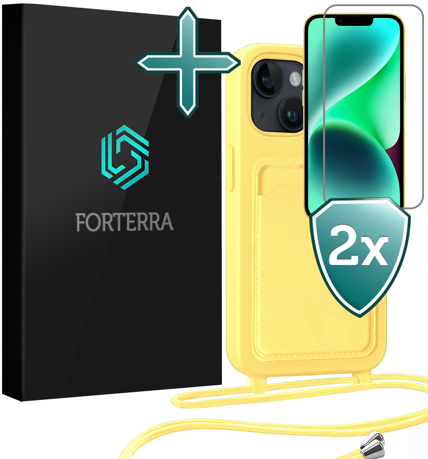 Forterra Forterra iPhone 14 Plus Hoesje Pashouder met Koord Met 2x Screenprotector - Geel