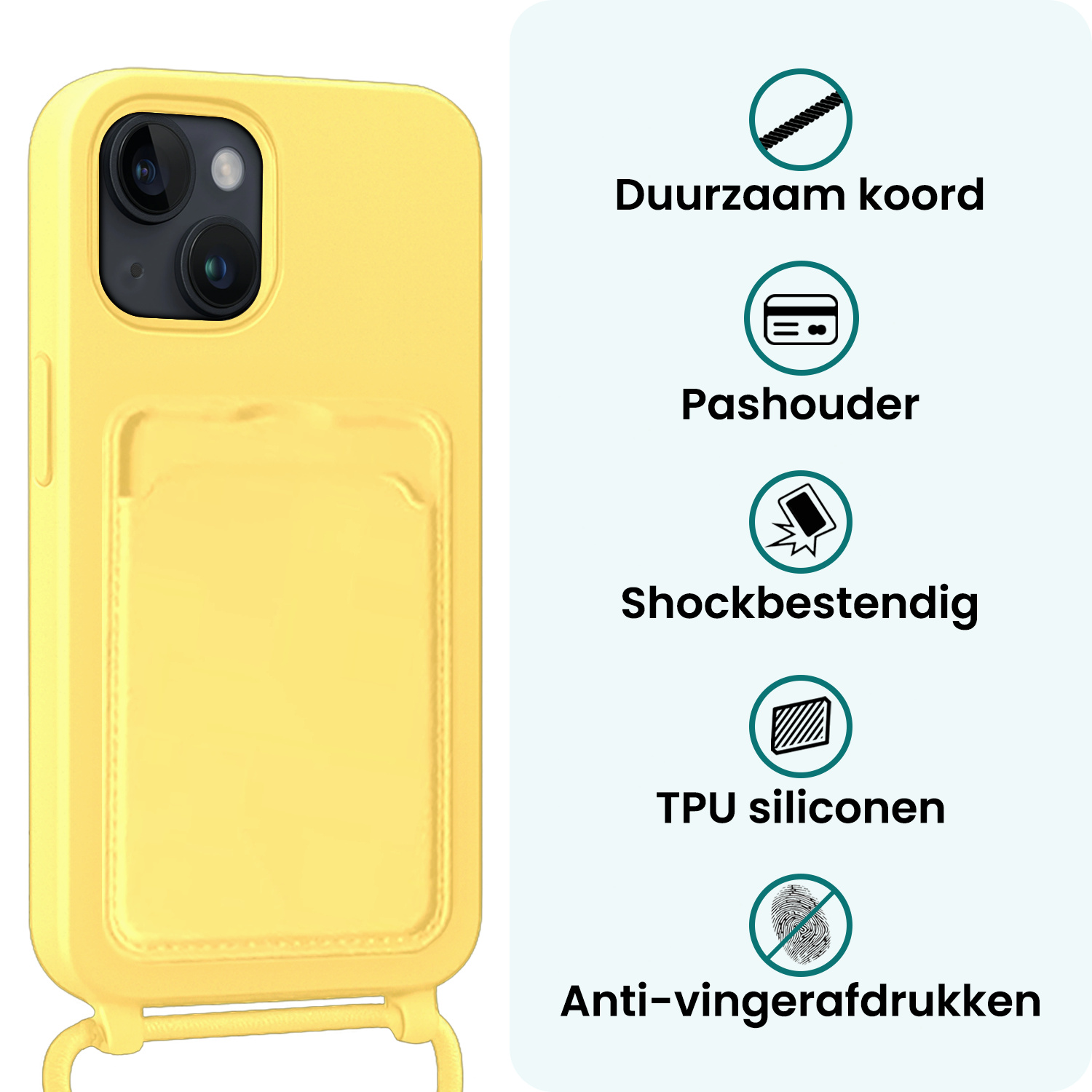 Forterra Forterra iPhone 14 Plus Hoesje Pashouder met Koord Met 2x Screenprotector - Geel