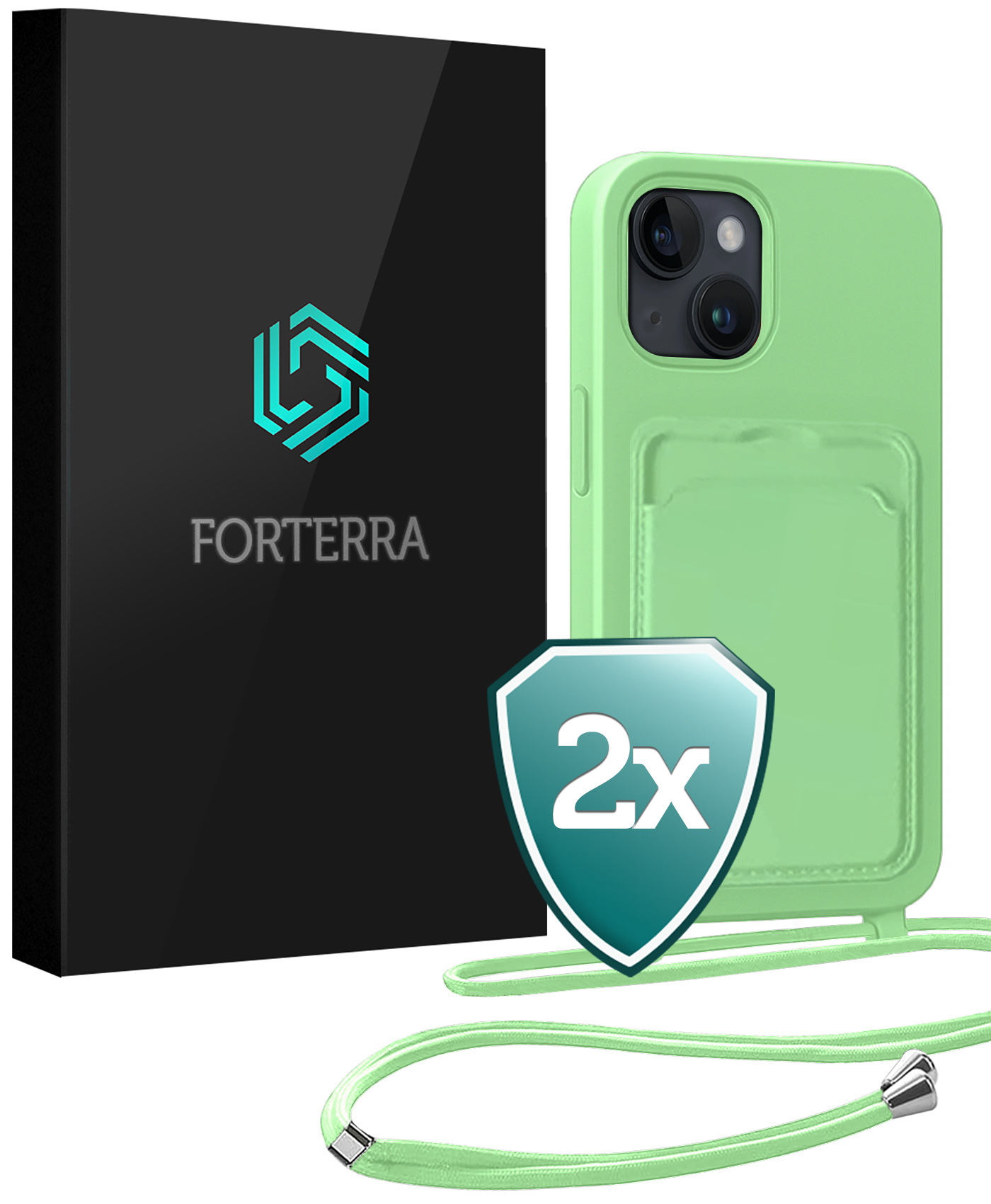 Forterra Forterra iPhone 14 Plus Hoesje Pashouder met Koord - Groen - 2 PACK