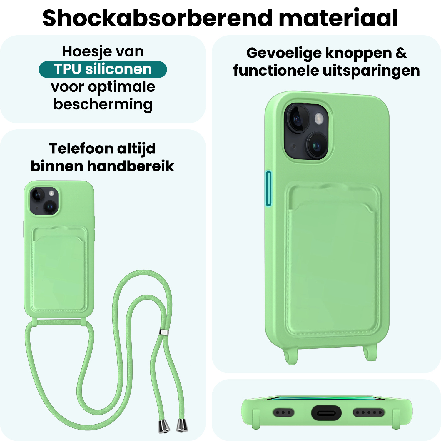 Forterra Forterra iPhone 14 Plus Hoesje Pashouder met Koord - Groen - 2 PACK