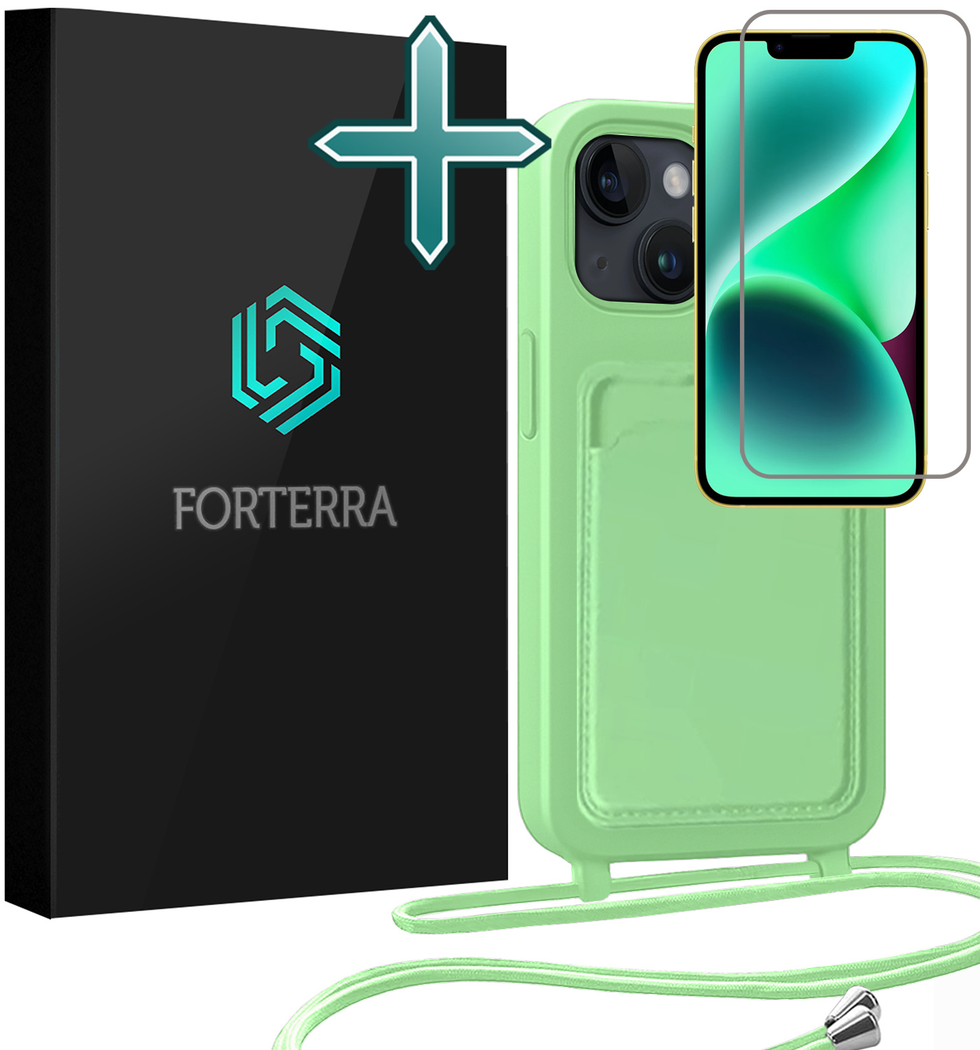 Forterra Forterra iPhone 14 Plus Hoesje Pashouder met Koord Met Screenprotector - Groen