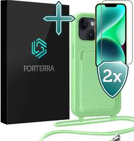 Forterra Forterra iPhone 14 Plus Hoesje Pashouder met Koord Met 2x Screenprotector - Groen