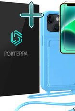 Forterra Forterra iPhone 14 Plus Hoesje Pashouder met Koord Met Screenprotector - Lichtblauw