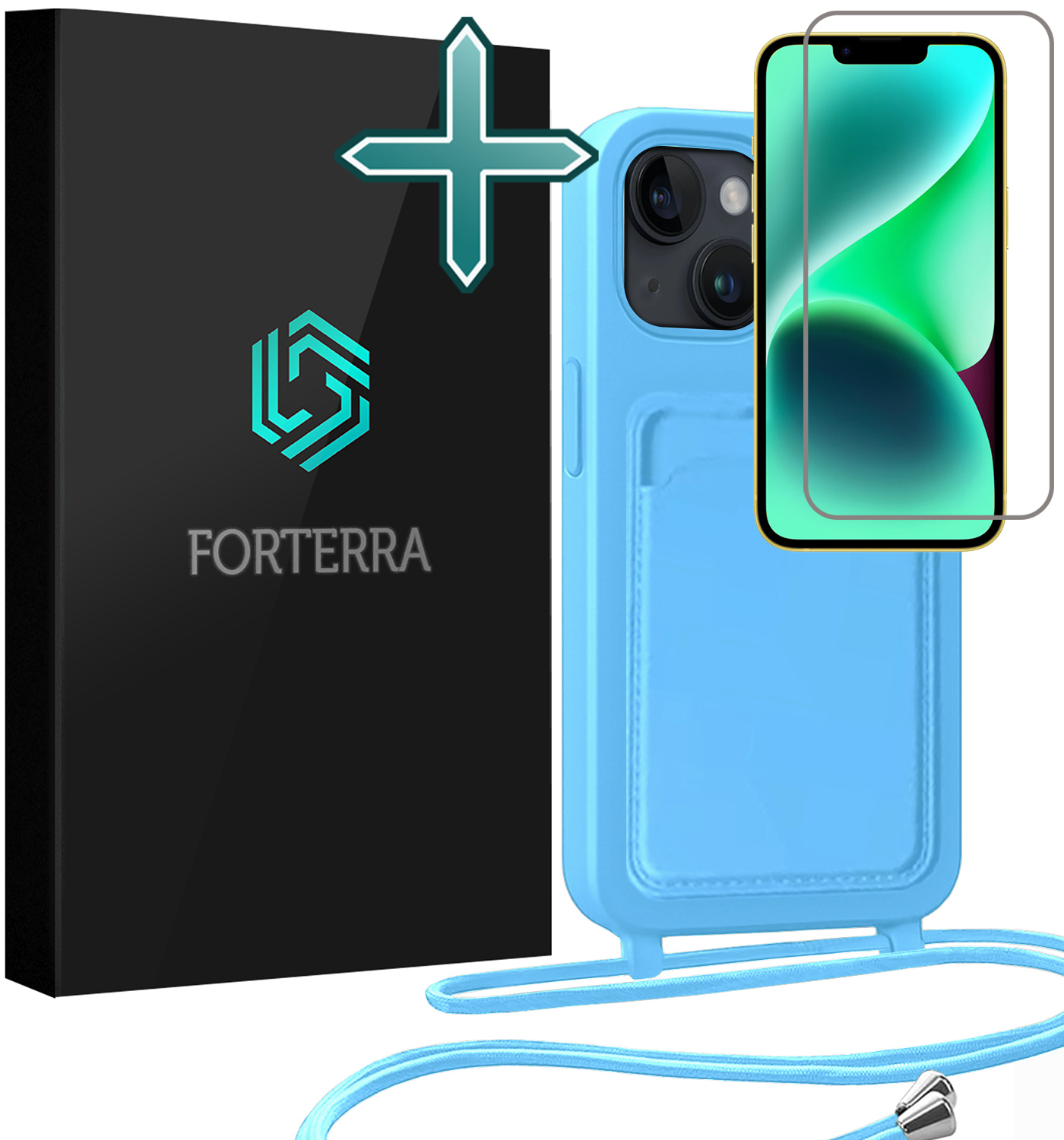 Forterra Forterra iPhone 14 Plus Hoesje Pashouder met Koord Met Screenprotector - Lichtblauw