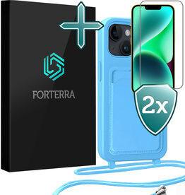 Forterra Forterra iPhone 14 Plus Hoesje Pashouder met Koord Met 2x Screenprotector - Lichtblauw