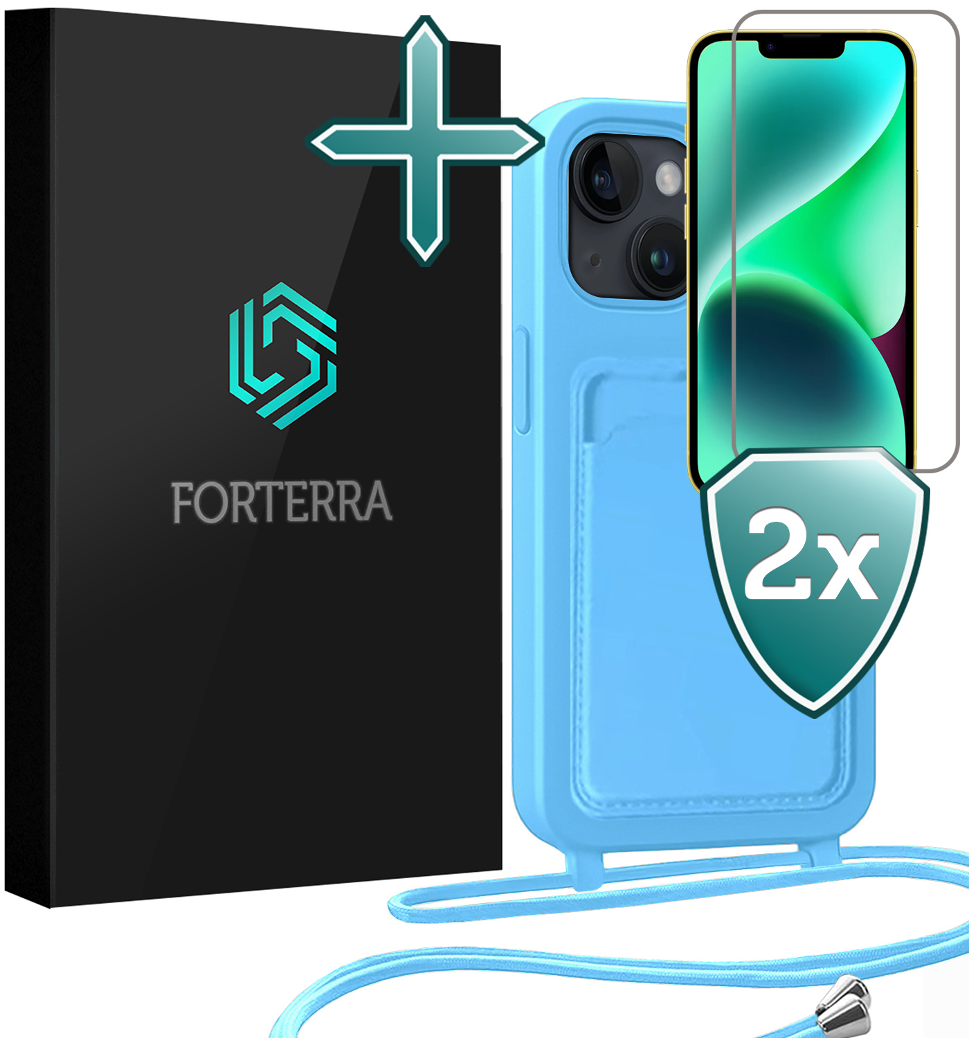 Forterra Forterra iPhone 14 Plus Hoesje Pashouder met Koord Met 2x Screenprotector - Lichtblauw
