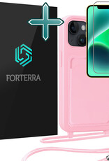 Forterra Forterra iPhone 14 Plus Hoesje Pashouder met Koord Met Screenprotector - Lichtroze
