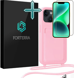 Forterra Forterra iPhone 14 Plus Hoesje Pashouder met Koord Met Screenprotector - Lichtroze