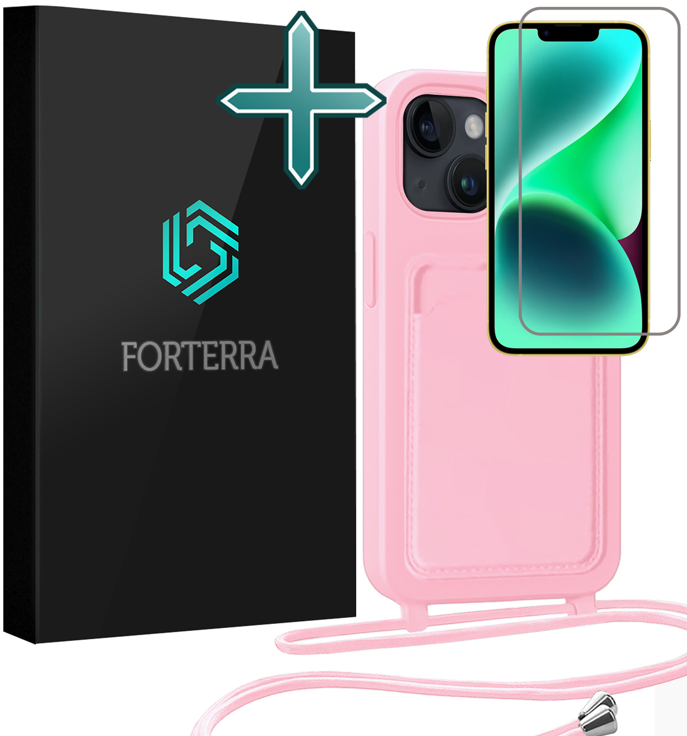 Forterra Forterra iPhone 14 Plus Hoesje Pashouder met Koord Met Screenprotector - Lichtroze