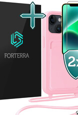 Forterra Forterra iPhone 14 Plus Hoesje Pashouder met Koord Met 2x Screenprotector - Lichtroze