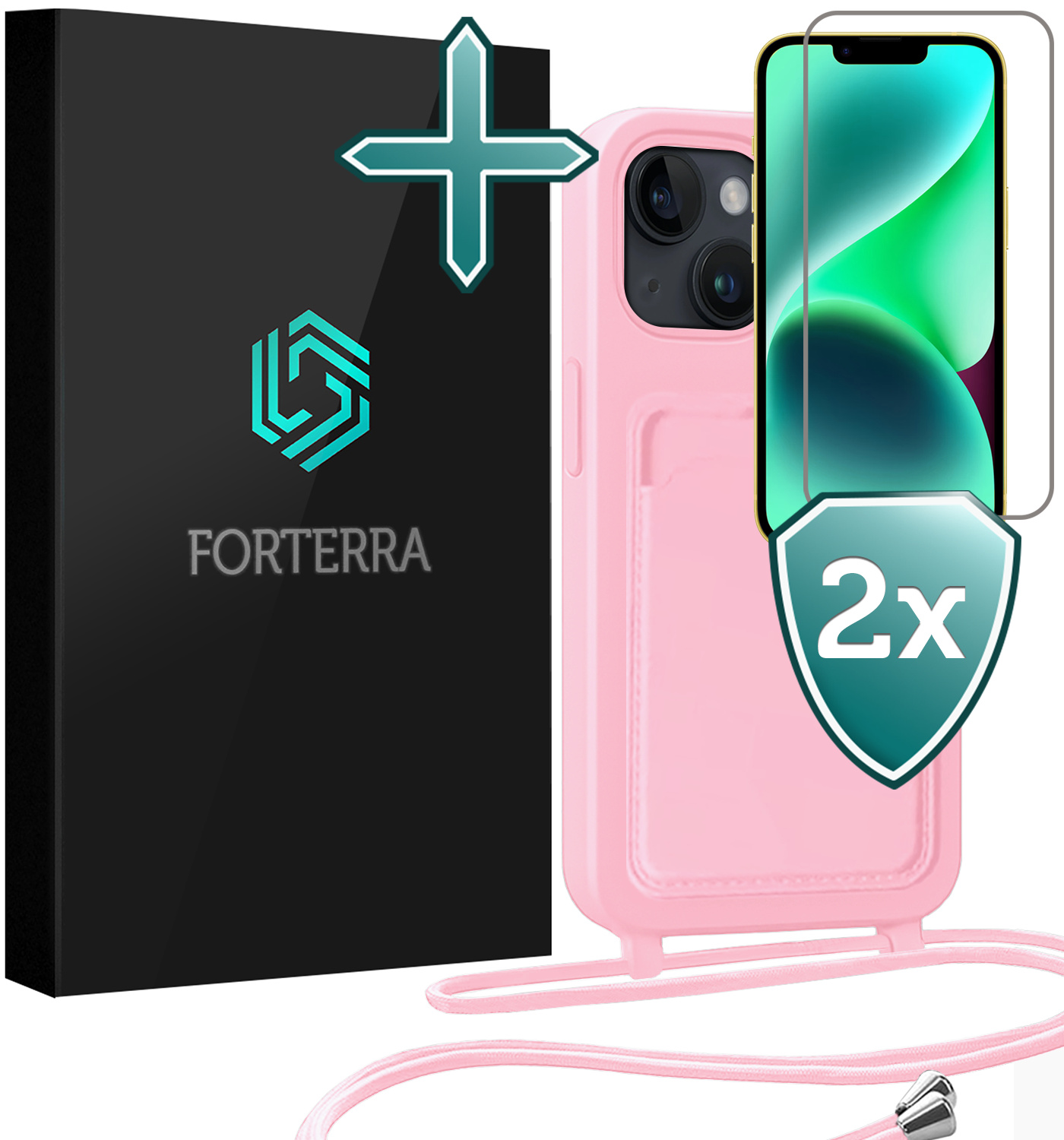 Forterra Forterra iPhone 14 Plus Hoesje Pashouder met Koord Met 2x Screenprotector - Lichtroze