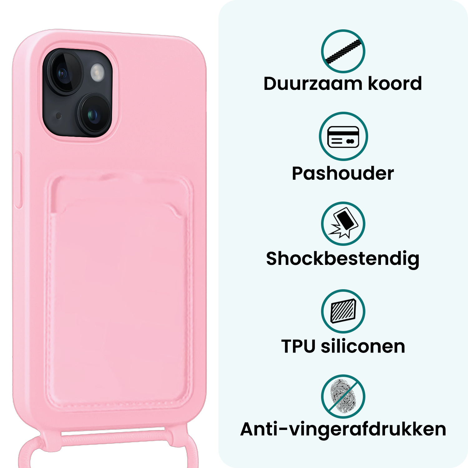 Forterra Forterra iPhone 14 Plus Hoesje Pashouder met Koord Met 2x Screenprotector - Lichtroze