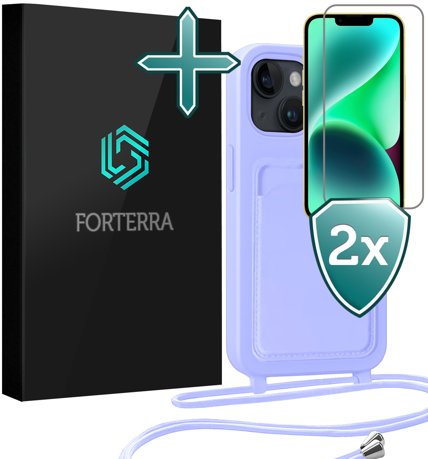 Forterra Forterra iPhone 14 Plus Hoesje Pashouder met Koord Met 2x Screenprotector - Lila