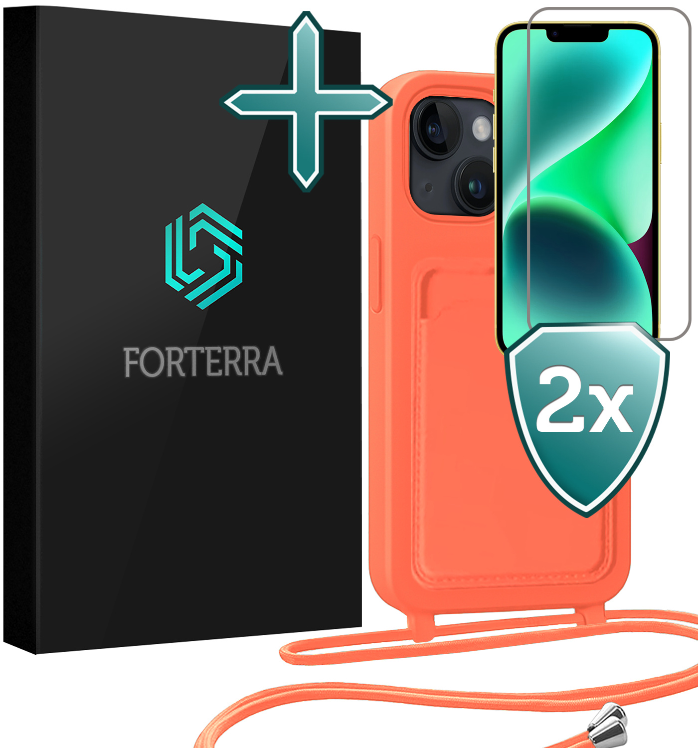 Forterra Forterra iPhone 14 Plus Hoesje Pashouder met Koord Met 2x Screenprotector - Papaya