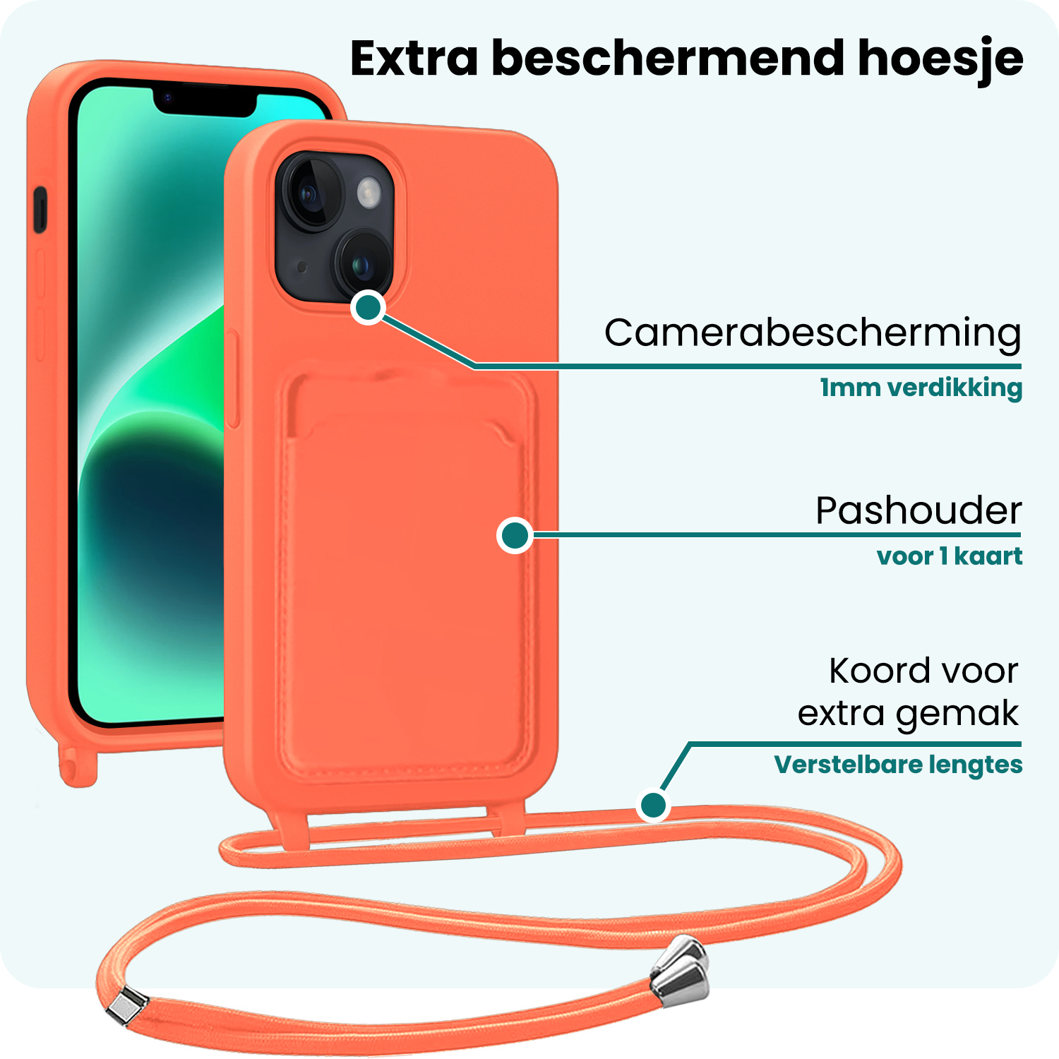 Forterra Forterra iPhone 14 Plus Hoesje Pashouder met Koord Met 2x Screenprotector - Papaya