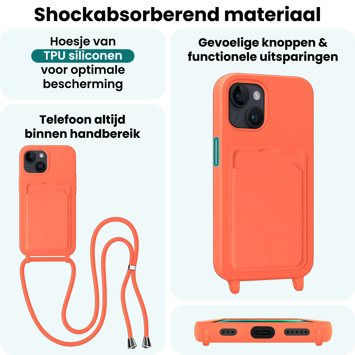Forterra Forterra iPhone 14 Plus Hoesje Pashouder met Koord Met 2x Screenprotector - Papaya
