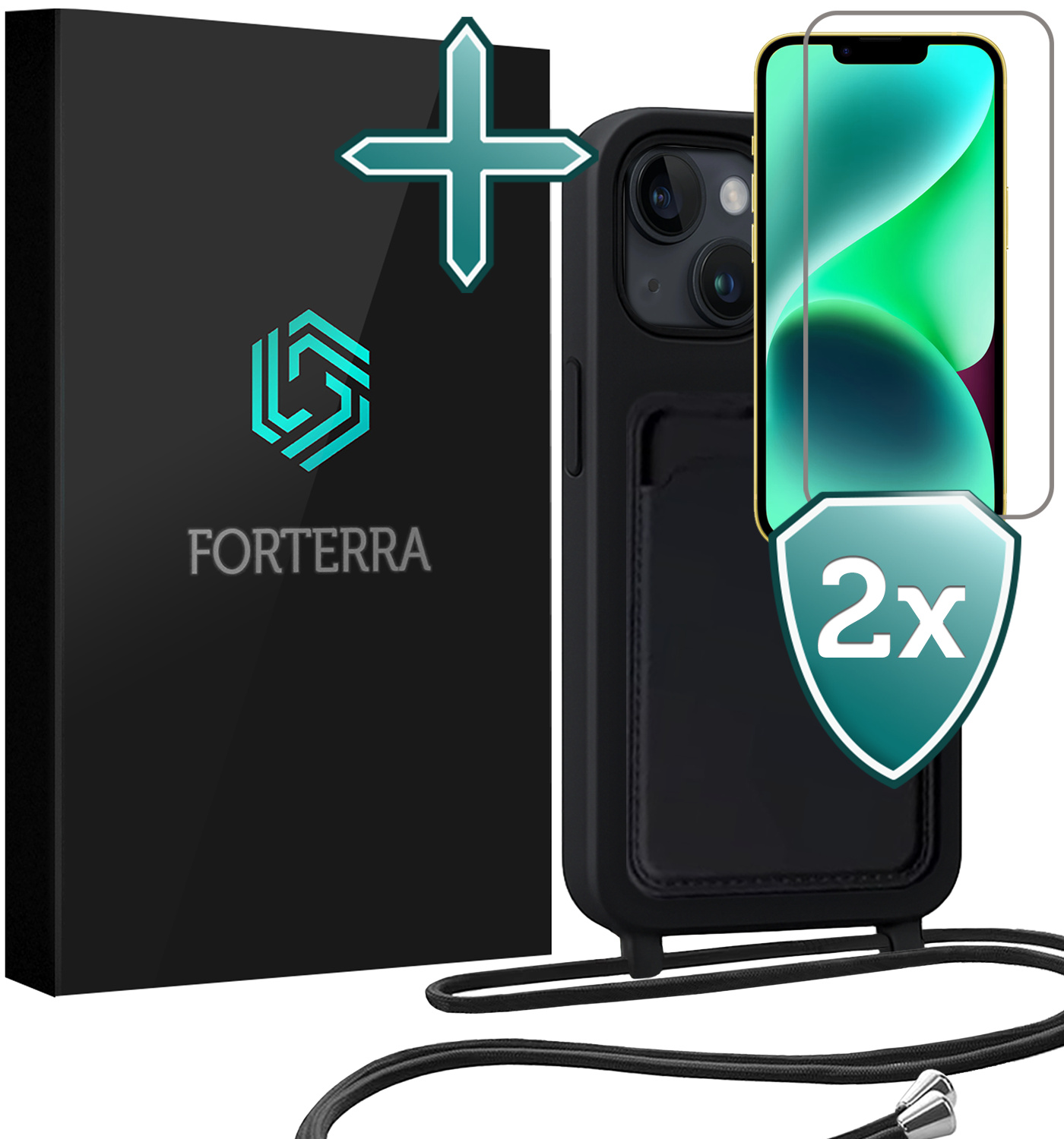 Forterra Forterra iPhone 14 Plus Hoesje Pashouder met Koord Met 2x Screenprotector - Zwart