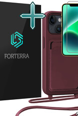 Forterra Forterra iPhone 14 Hoesje Pashouder met Koord Met Screenprotector - Aubergine