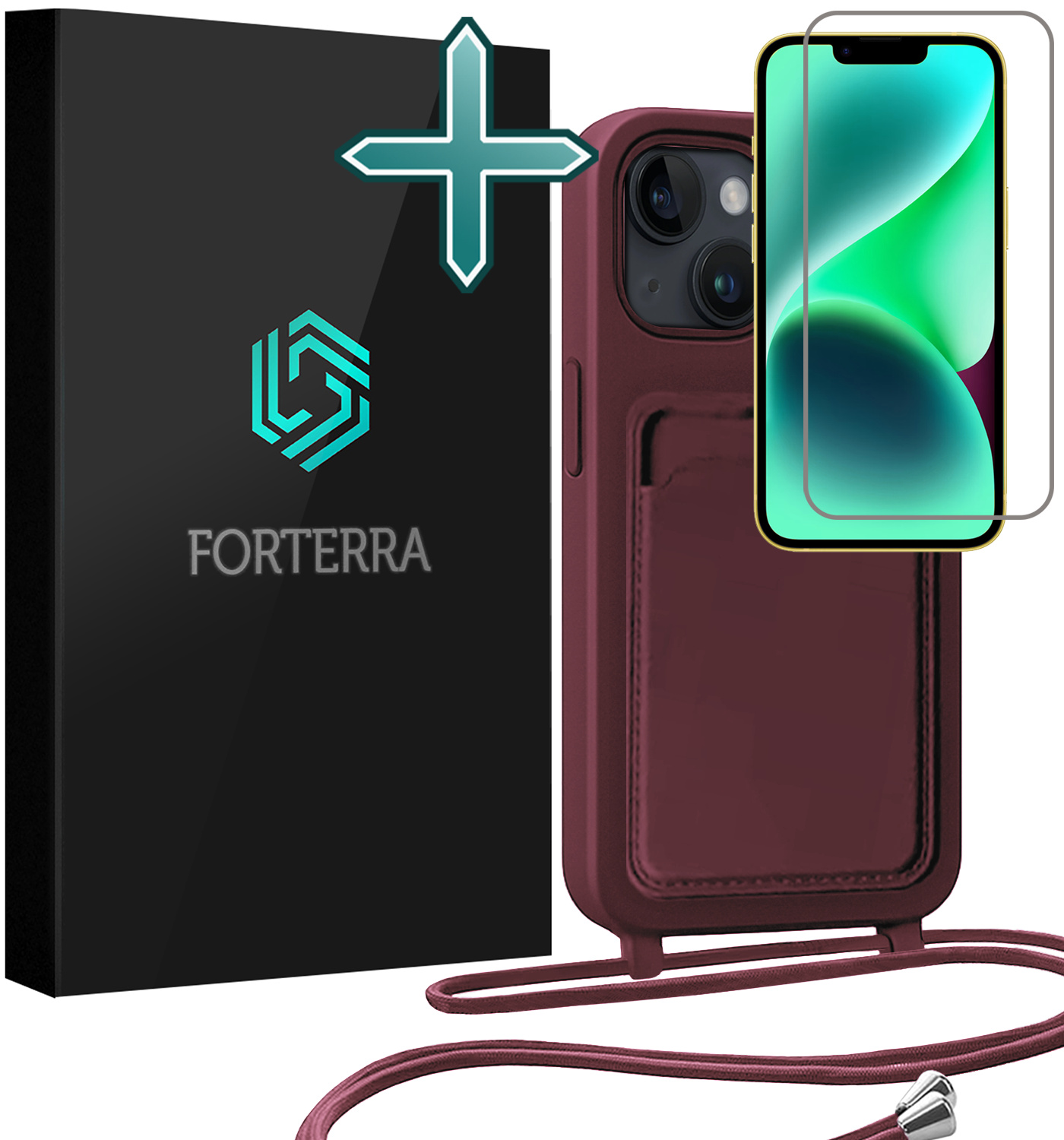 Forterra Forterra iPhone 14 Hoesje Pashouder met Koord Met Screenprotector - Aubergine