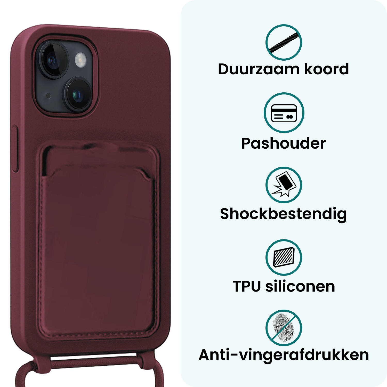 Forterra Forterra iPhone 14 Hoesje Pashouder met Koord Met 2x Screenprotector - Aubergine