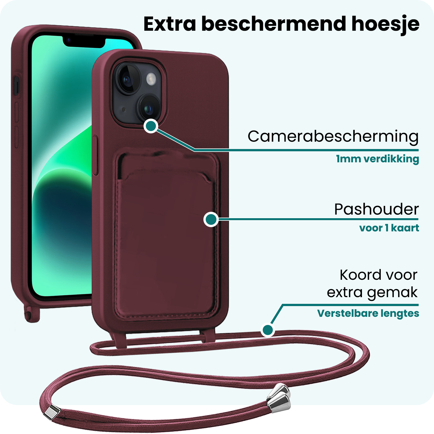Forterra Forterra iPhone 14 Hoesje Pashouder met Koord Met 2x Screenprotector - Aubergine