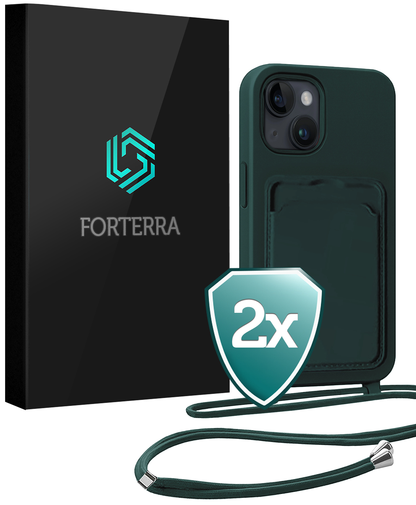 Forterra Forterra iPhone 14 Hoesje Pashouder met Koord - Donkergroen - 2 PACK