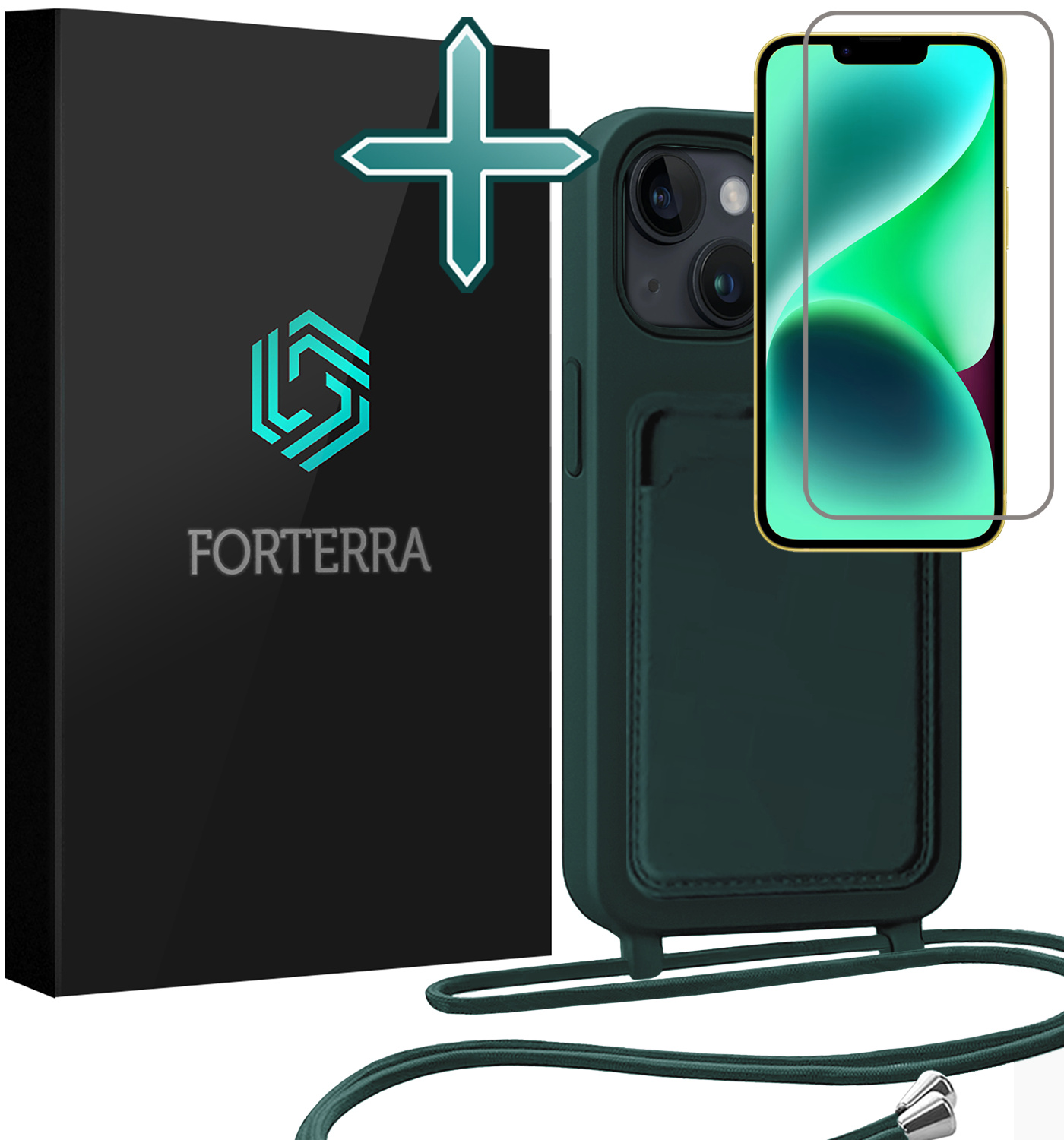 Forterra Forterra iPhone 14 Hoesje Pashouder met Koord Met Screenprotector - Donkergroen