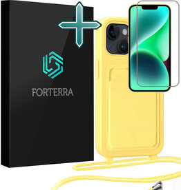 Forterra Forterra iPhone 14 Hoesje Pashouder met Koord Met Screenprotector - Geel