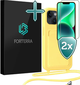 Forterra Forterra iPhone 14 Hoesje Pashouder met Koord Met 2x Screenprotector - Geel