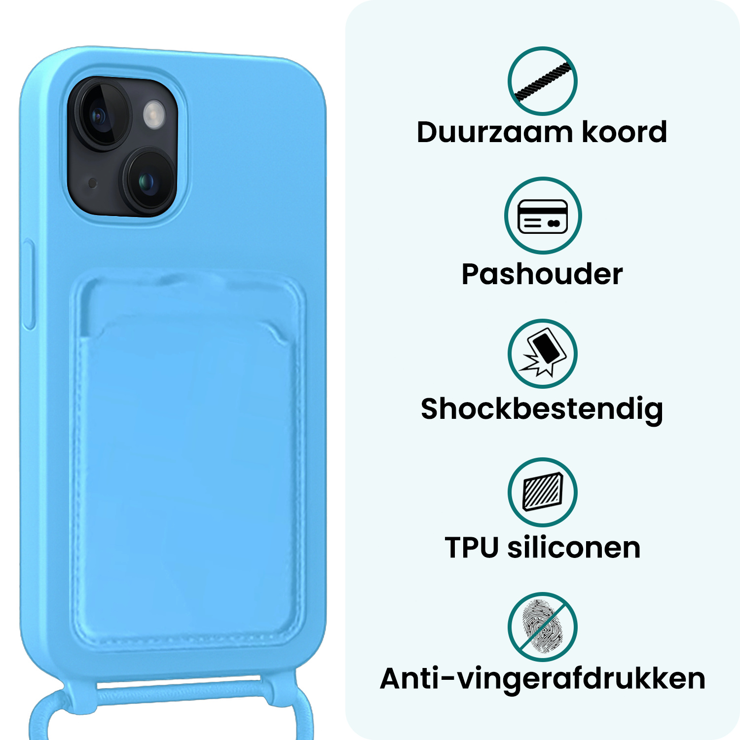 Forterra Forterra iPhone 14 Hoesje Pashouder met Koord Met Screenprotector - Lichtblauw