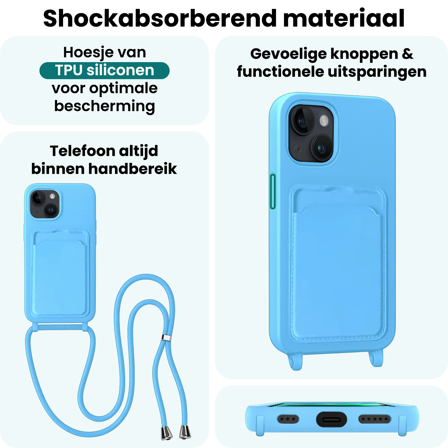 Forterra Forterra iPhone 14 Hoesje Pashouder met Koord Met Screenprotector - Lichtblauw