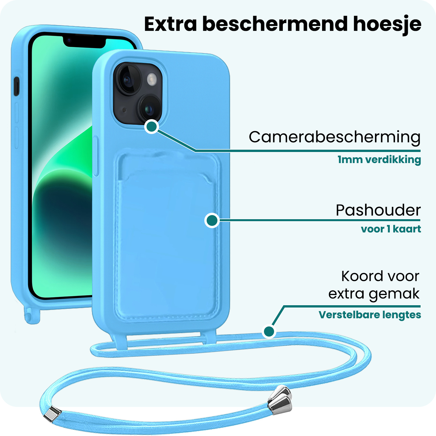 Forterra Forterra iPhone 14 Hoesje Pashouder met Koord Met 2x Screenprotector - Lichtblauw